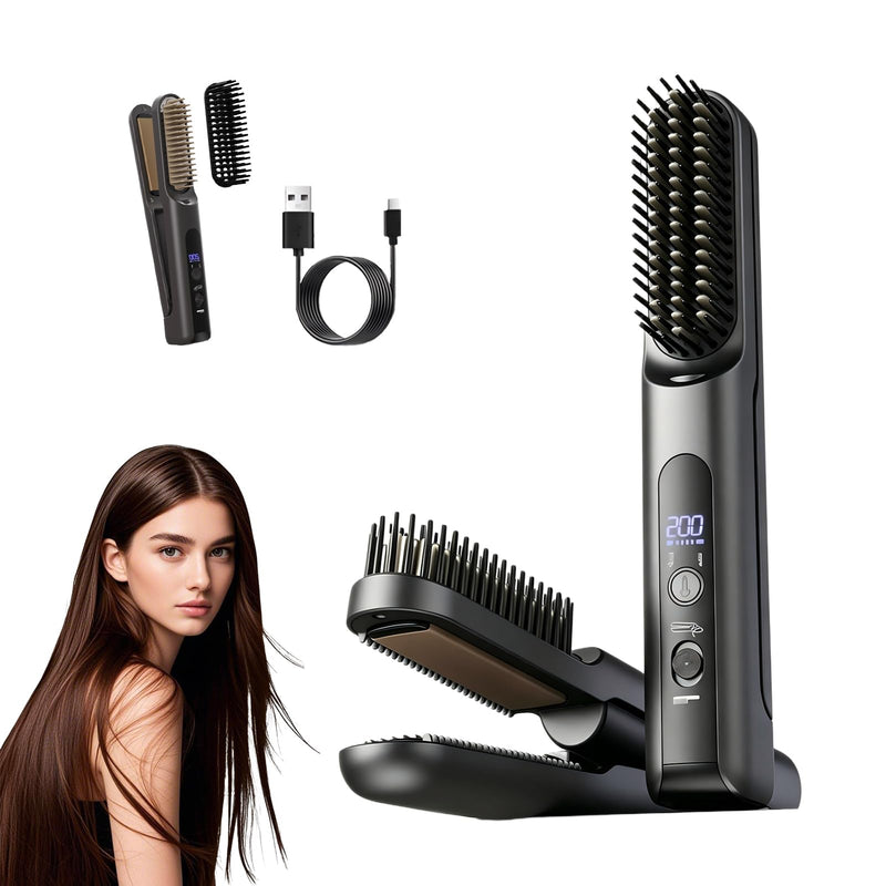  [AUSTRALIA] - Hair Straightening Brush, Cordless Tyre Straightening Brush | 2 in 1 Negative Ion Straightening Iron, Special Ionic Straightener Comb for Frizzy and Kinky Hair, Travel and Home (Black) Black