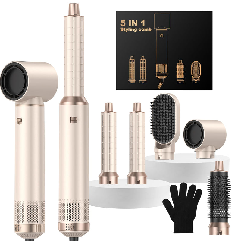 UKLISS Hair Styler 5 in 1 Airbrush 5 in 1 Airstyler Multi-Blow Dryer Brush | Air Brush 5 in 1 with Curl, Straighten, Wavy, Smooth, Magic Styler for All Hair Types and Lengths Gold