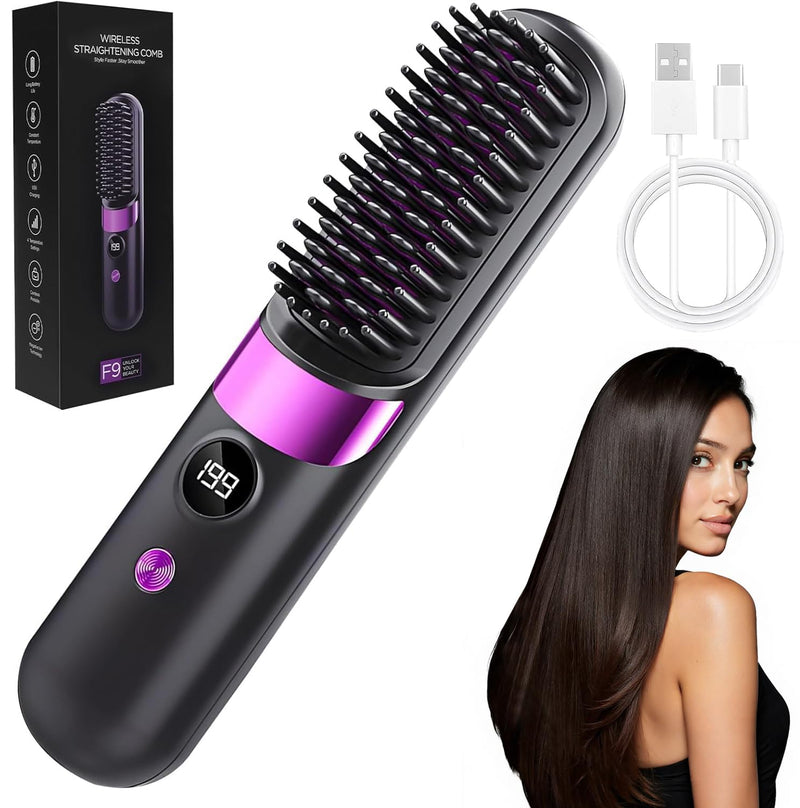 Go Brush Pro UK Cordless Hair Straightener Brush, Portable Rechargeable Ceramic Styling Brush with 4 Heat Modes & LED Display, Hair Gobrush Pro Rechargeable Straightener Hot Comb for Travel