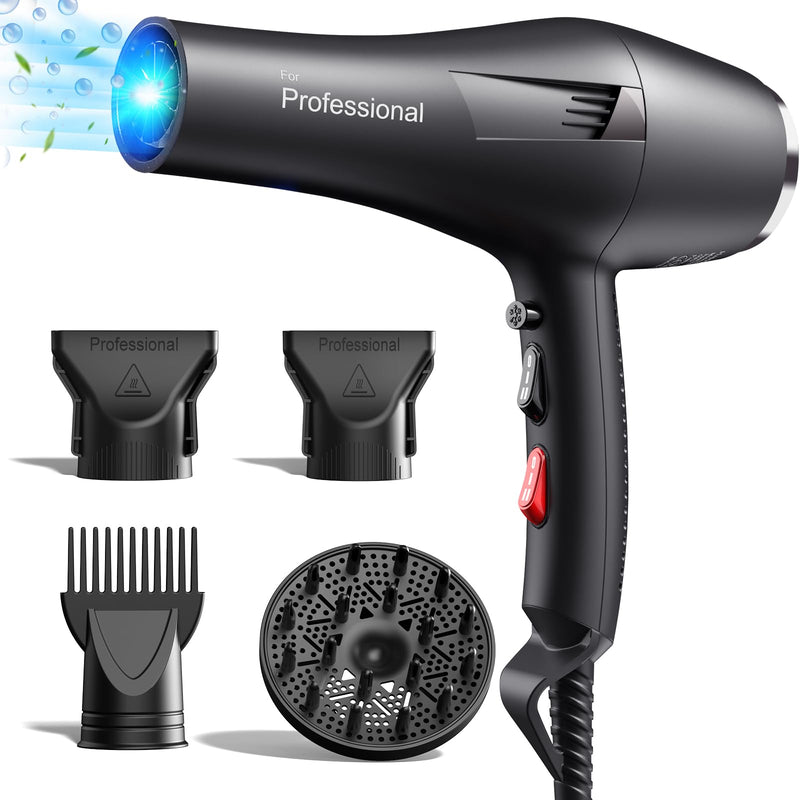 Banniliu 2000W 130M Ionic Hair Dryer with 4 Attachments | Professional Blue Light Anti-Frizz Hairdryer Fast Blow Dryer for Women Curly Hair Midnight Black