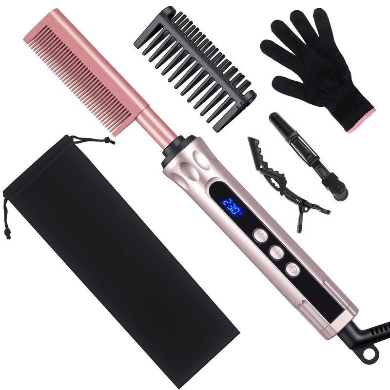 Hot Comb for Wigs & Afro Hair, Ceramic Heated Straightening Brush | with 14 Heat Settings, Anti-Scald, Auto Shut Off, Dual Voltage Travel Hair Straightener for Black Women Styling