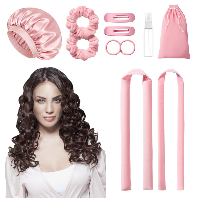 Heatless Hair Curler Overnight 11Pcs Set, 2 Sizes of Hair Rollers for Women with Bonnet to Sleep In, No Heat Curlers with Scrunchies and Clips, for Long and Medium Hair (pink) pink