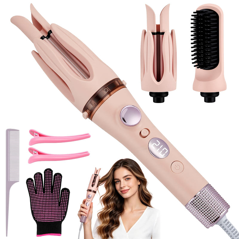 3-in-1 Negative Ions Automatic Curling Wand, Rotating Hair Curler with Straightener Brush, Ceramic Coating Anti-Scald Auto Shut-Off, Four Temperature for Hair Styling, 28mm & 32mm Barrels, 150°C-210°C