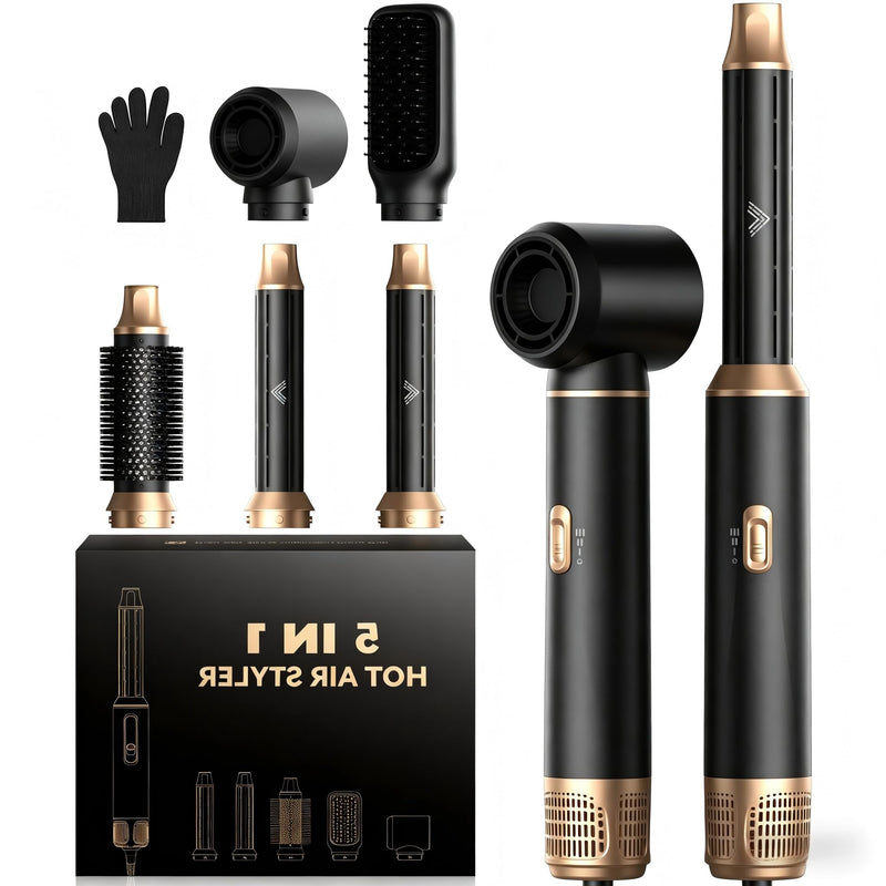 Atopskins Airbrush 5 in 1 Magic Styler Hair Styler 5 in 1 Airstyler 1000W | Hair Dryer Brush with Curl,Straighten,Volumise, Smooth and Hairdryer Brushes,Multi Gift, Curl, Straighten, Wavy, Smooth Black