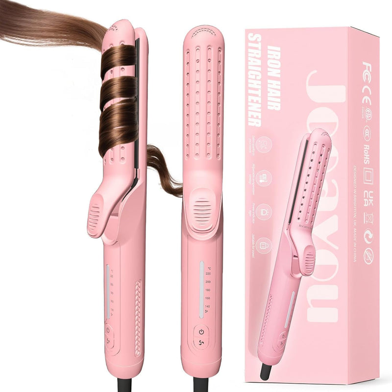 Cool Air Curling Iron, Airflow Styler Curling Wand with 360° Cooling Air to Lock in Curls Quicker, Flat Iron Hair Straightener and Curler 2 in 1,5 Adjustable Temp,30S Heating,Dual Voltage Pink