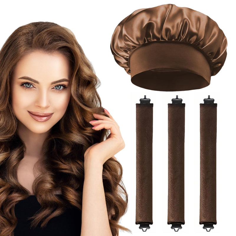 Heatless Curling Rods 3PCS, No Heat Hair Rollers with Satin Bonnet, Overnight Flexi Bars for All Hair Types(Brown) Brown
