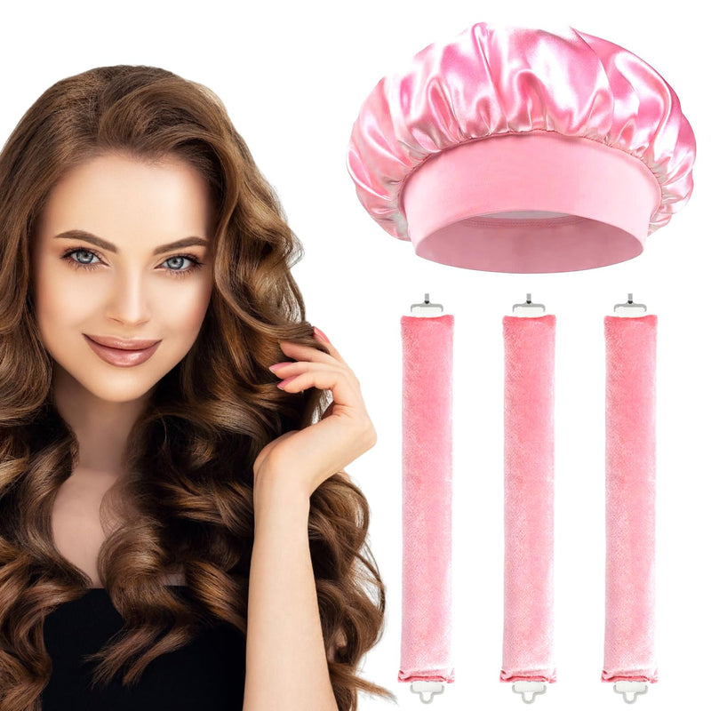  [AUSTRALIA] - Heatless Curling Rods 3PCS, No Heat Hair Rollers with Satin Bonnet, Overnight Flexi Bars for All Hair Types(Pink) Pink