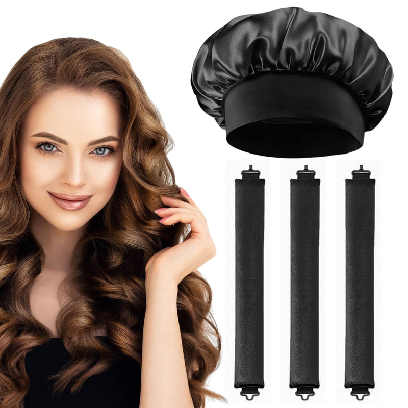 Heatless Curling Rods 3PCS, No Heat Hair Rollers with Satin Bonnet, Overnight Flexi Bars for All Hair Types(Black) Black