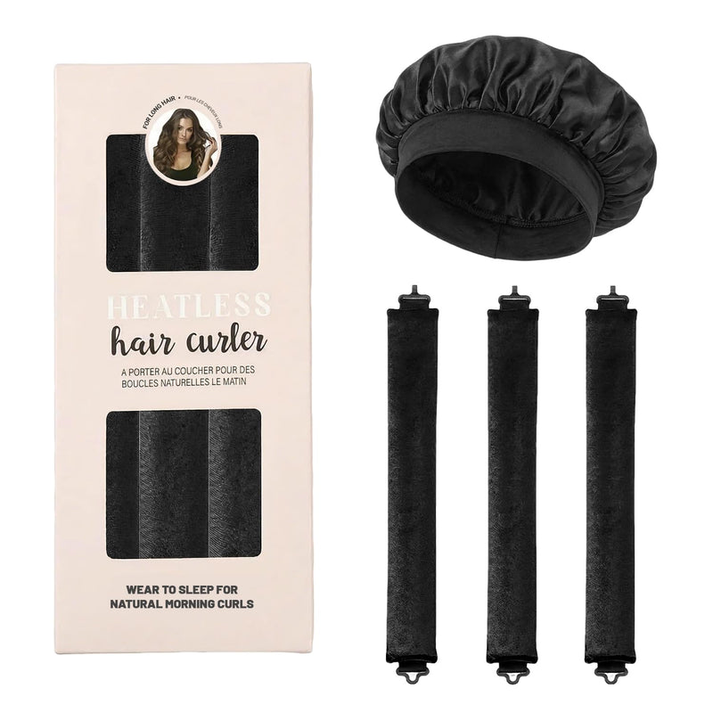  [AUSTRALIA] - Heatless Curling Rods 3PCS, No Heat Hair Rollers with Satin Bonnet, Overnight Flexi Bars for All Hair Types(Black-Boxed) Black-Boxed