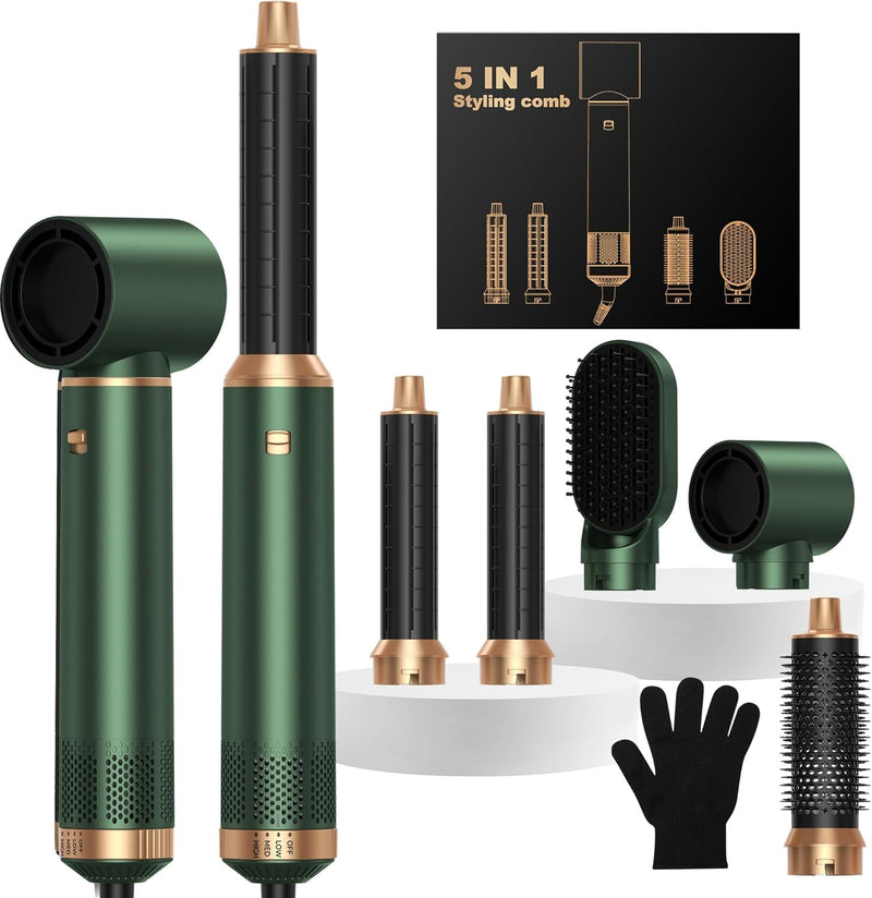 OKWRAP 5 in 1 Hair Styler Airbrush 5 in 1 Hairstyler 1000W Air Styler | Hair Styler Hot Air Styler with Ionic Air Curler, Hair Dryer, Hot Air Brushes for Drying, Curl, Straight, Volumise and Smooth Green Gold