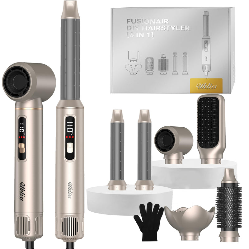 UKLISS 6 in 1 Hair Styler | Hair Dryer Brush with LCD Hair Curler Airflow | Airbrush 6 in 1 Airstyler Mit Hair Straightener, Thermal Brush, Hot Airbrush, Multistyler Gifts Set for Women Hair Styling Gold