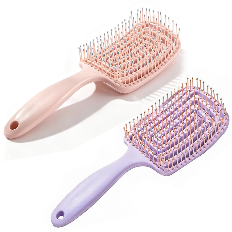 Detangle Hair Brush Set 2 Pack, Curved Vent Brush & Hair Detangler – Easy Detangling Vented Styling Comb for Long Thick Curly Straight Dry Wet Hair(Purple & Pink) fenzi