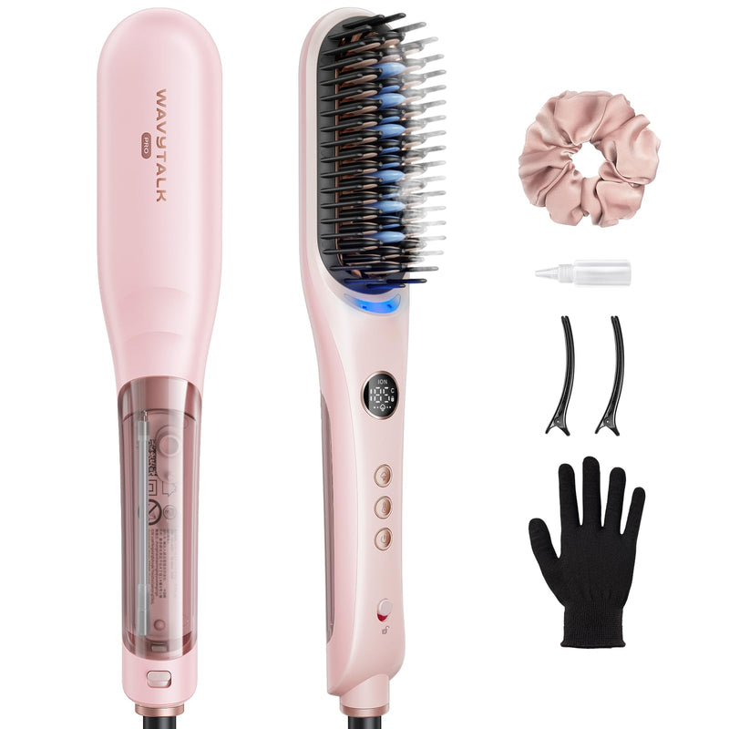 Wavytalk Steam Hair Straightener Brush with Negative Ions 4 in 1 | Steambrush Pro Steam Straightening Brush for Women Reduced Heat Damage with Steam and Ionic, Fast Styling, Frizz-Free, Pink