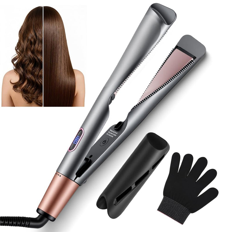Aomig 2 in 1 Hair Straightener and Curler Fast Heating Curling Iron Home & Travel Curling Wand Mini Hair Curlers Hair Straighteners for Women 100-230°C for Straighten Curl All Hair Types(Dark Gray) Upgraded Direct-Plug Style-Dark Gray