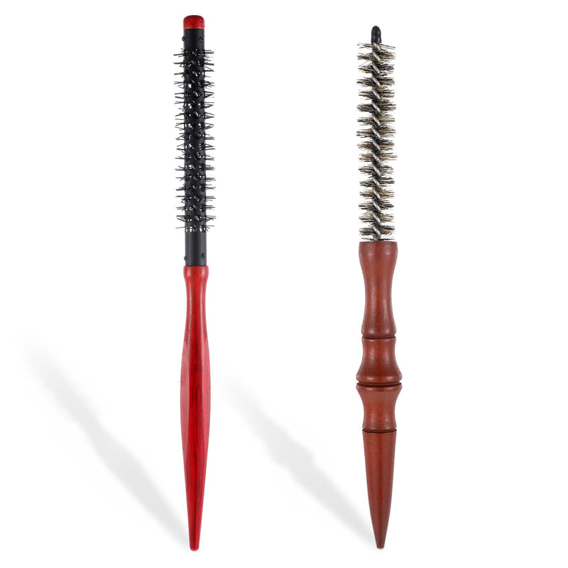 2 Pcs Small Round Brush Boar Bristle Round Brush Quiff Roller | Curling Brush hair Combs for Women Men Stiff Nylon Bristles for Styling Wet Dry Short Bangs Roots Straight Mustache Brushes