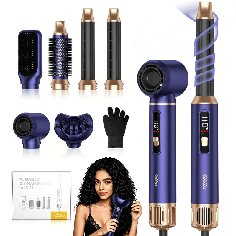 UKLISS Air Styler 6 in 1 Hair Styler Set [with Diffuser] Hair Dryer Brush | 1000W Hairdryer, Air Curler, Smooth Shine Volumize Curl Straighten Brush, Multistyler Styling Tool for Women - Blue Blue Gold
