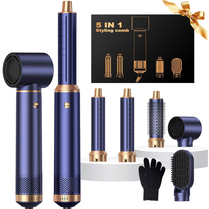 UKLISS Air Styler 5 in 1 Hair Styler Set 1000W Airbrush Hair Styler - Blue | with Hot Air Styler, Hair Dryer Brush, Hair Dryer Curler, Volumizer, Round Brush, Air Stylers for Women