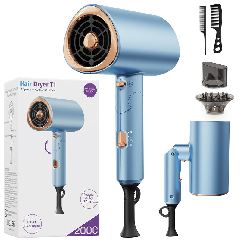 Ionic Hair Dryer 2000W Fast Drying with Diffuser & Concentrator, Blue | 2000W Fast Drying, Negative Ion Care, Foldable Design, Diffuser, Concentrator, Home, Travel Use Skyblue