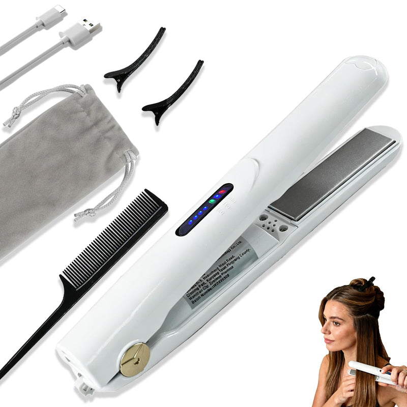 Mini Hair Straightener Rechargeable,2in1 Cordless Hair Straighteners and Curler,Mini Hair Straightener Wireless,Rechargeable Ceramic Mini Portable Curling Iron with 2600mah (White) White