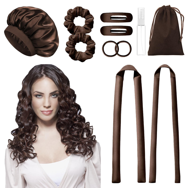 Heatless Hair Curler Overnight 11Pcs Set, 2 Sizes of Hair Rollers for Women with Bonnet to Sleep In, No Heat Curlers with Scrunchies and Clips, for Long and Medium Hair (Brown) Brown