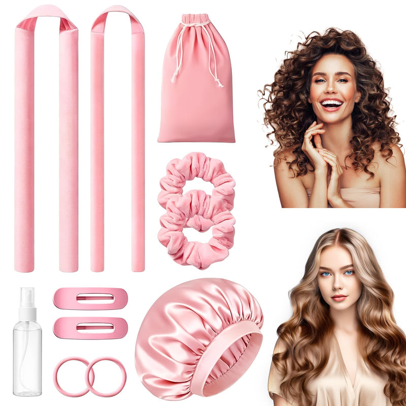  [AUSTRALIA] - 11 Piece Curls Without Heat, 2 Sizes Heatless Curls Set with Non-Slip Hair, Sleeping Cap, Scrunchies & Hair Clips, Wave Formers Hair Band for Long and Medium Length Hair (Pink)