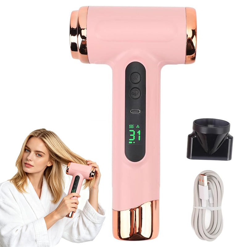 Cordless Hair Dryer, Portable Rechargeable Blow Dryer with Digital Screen, 3 Heat & Speed Settings, USB Charging, Lightweight Travel Hair Dryer for Home, Dorm, Travel, Camping & Outdoor Use (Pink) Pink