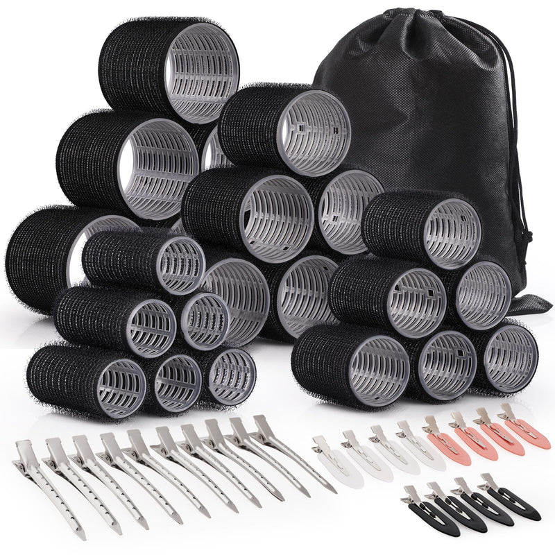 Hair Rollers Set, 49 PCS Curling Set Includes 24 Self-Grip Rollers, 12 Hair Pins, 12 Sectioning Clips & Comb, No Heat Hair Curlers for Volume, Waves & Styling at Home Black
