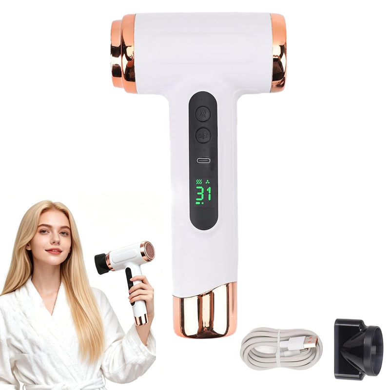 Cordless Hair Dryer, Portable Rechargeable Travel Hairdryer with Digital Screen, 3 Speed & 3 Heat Settings, USB Charging Wireless Blow Dryer for Travel, Dorm, Home & Camping (White)