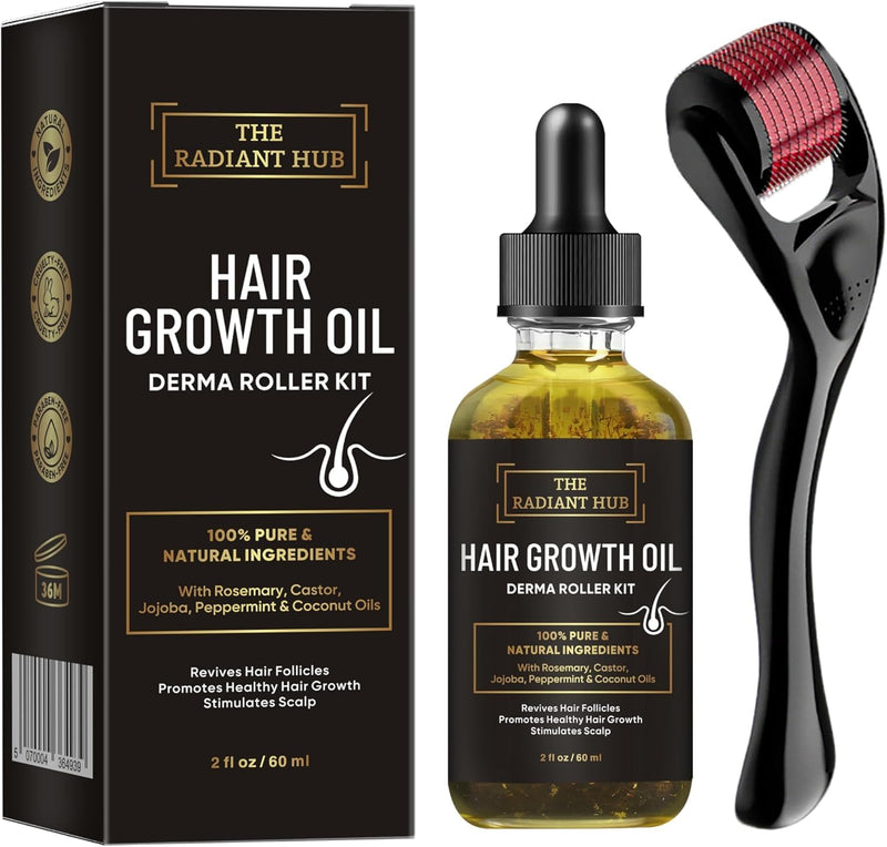 Rosemary Oil for Hair Growth & Derma Roller Kit - Castor, Jojoba, Peppermint & Coconut Oils for Thicker Stronger Hair, Stimulates Scalp & Revives Follicles - For Men & Women - 60 ml