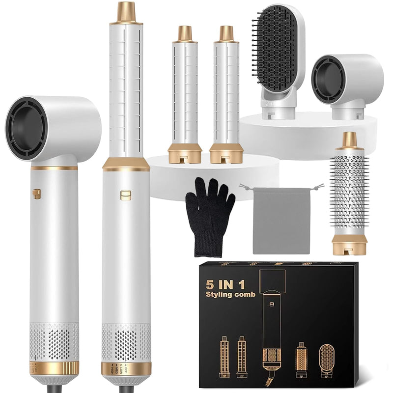 Hair Styler 5-in-1 Set, 1000W Hot Air Brush with Hair Styling Appliances | Air Wrap, Auto-Twist Curlers & Straightening Brush White