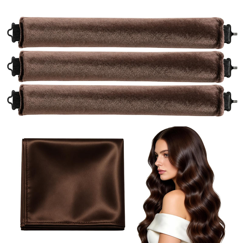 4 Pcs Heatless Hair Curlers, 3 Velvet Hair Rollers with Satin Scarf Styling Tools, Hair Curlers to Sleep Overnight Blowout Rods for Long Short Hair Volume Women - Brown Borwn & Headscarf
