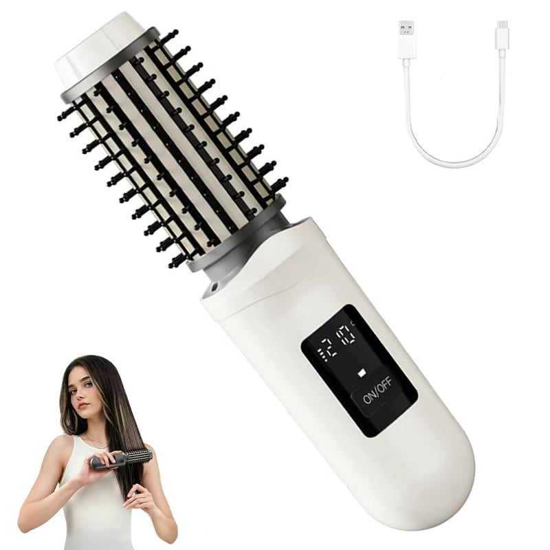 Cordless Hair Curling Iron Brush Rechargeable Battery-Powered, 3-in-1 Portable Hot Straightener Curling Comb 3 Temperature Settings with LCD Display White