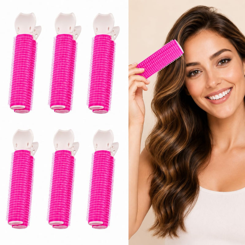 6 Piece Heatless Hair Curlers for Natural Volume and Lift, Self Grip Hair Rollers with Built in Clips, Reusable Curling Rollers for Fringe, Roots and Everyday Styling, Hot Pink