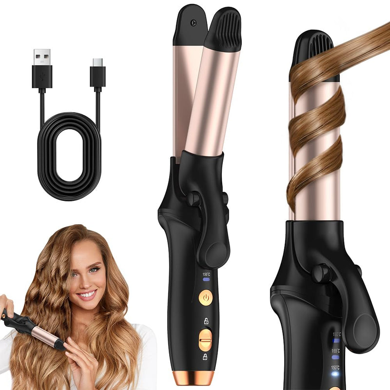 Curling Tongs 1 Inch,Cordless Rechargeable Curling Tongs,Cordless Hair Curler(3 Gear),Travel Mini Flat Iron 4000 mAh,Battery Straightener and Curler 2 in 1 for Long Short Hair (Black) Black
