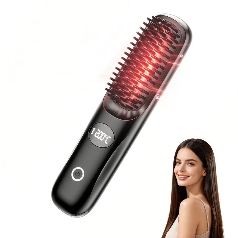 Wireless Straightening Brush, Bwaliffury Portable Brush Smoothing 2 in 1.160 °C - 200 °C, 3 Temperature Settings, LED Display, Brosse Coiffant, Ceramic Coating, for Home and Salon, Hair and Beard
