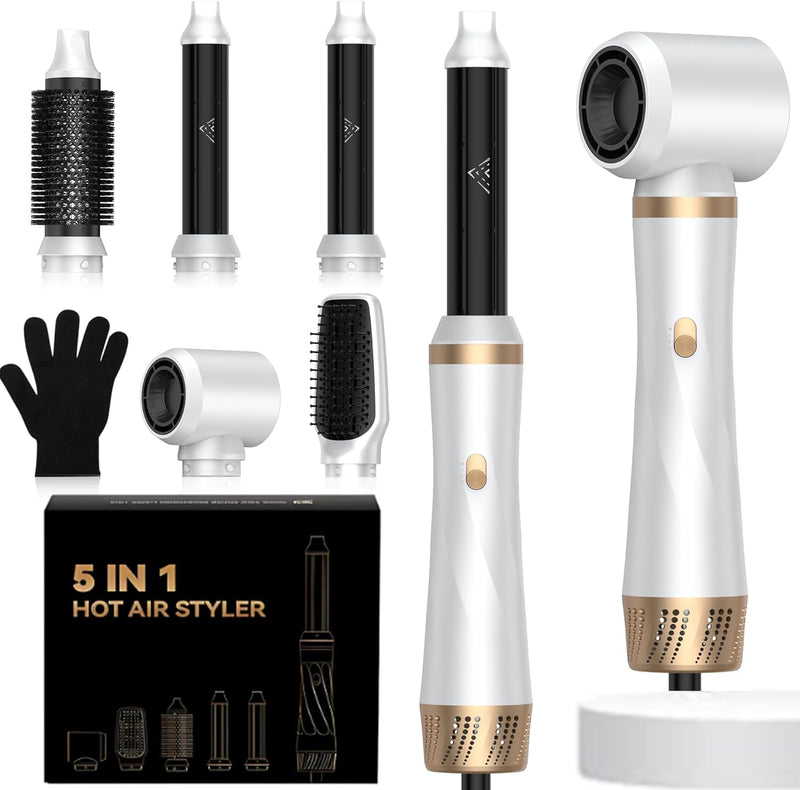 Hair Styler 5 in 1 Hair Dryer Brush, Hot Air Brush 1000W Air Styler with Brush Hair Dryer, Curling Iron and Hair Straightener for Hair Styling, Volume, Straightening, Curling (White) Medium White