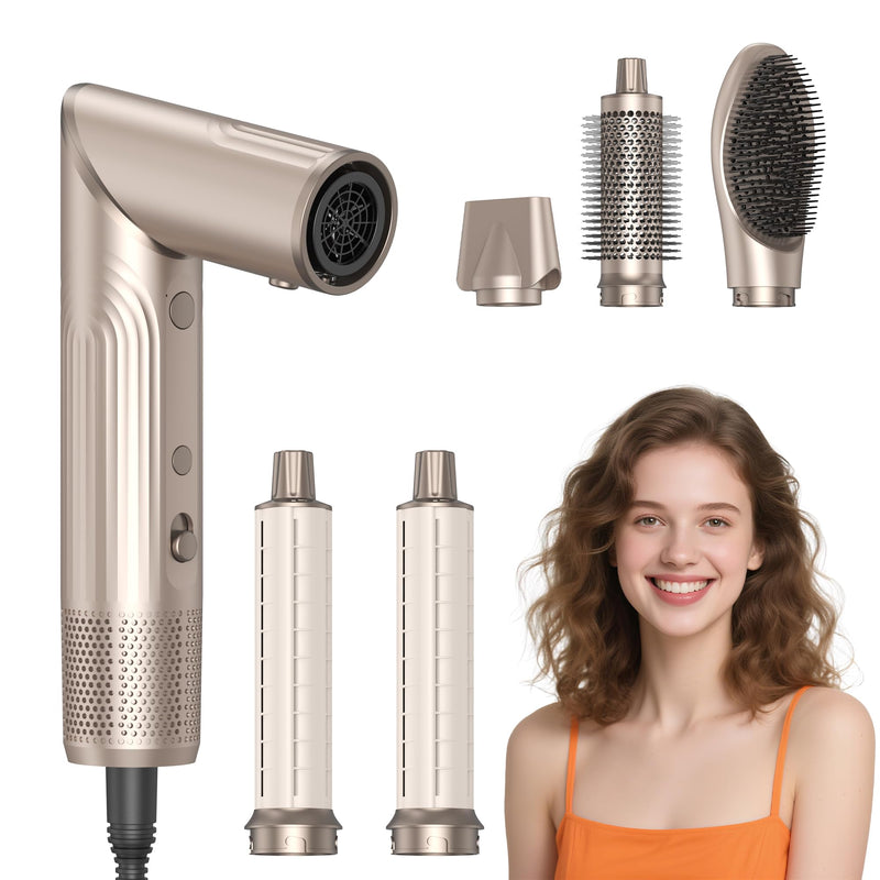 Hair Dryer Brush, 5 in 1 Hair Styler Hot Air Brush Multi Air Styler | With Interchangeable Heads, Negative Ionic Technology, Upgrade Auto Airflow Curl System, 3 Temperature Settings Gold
