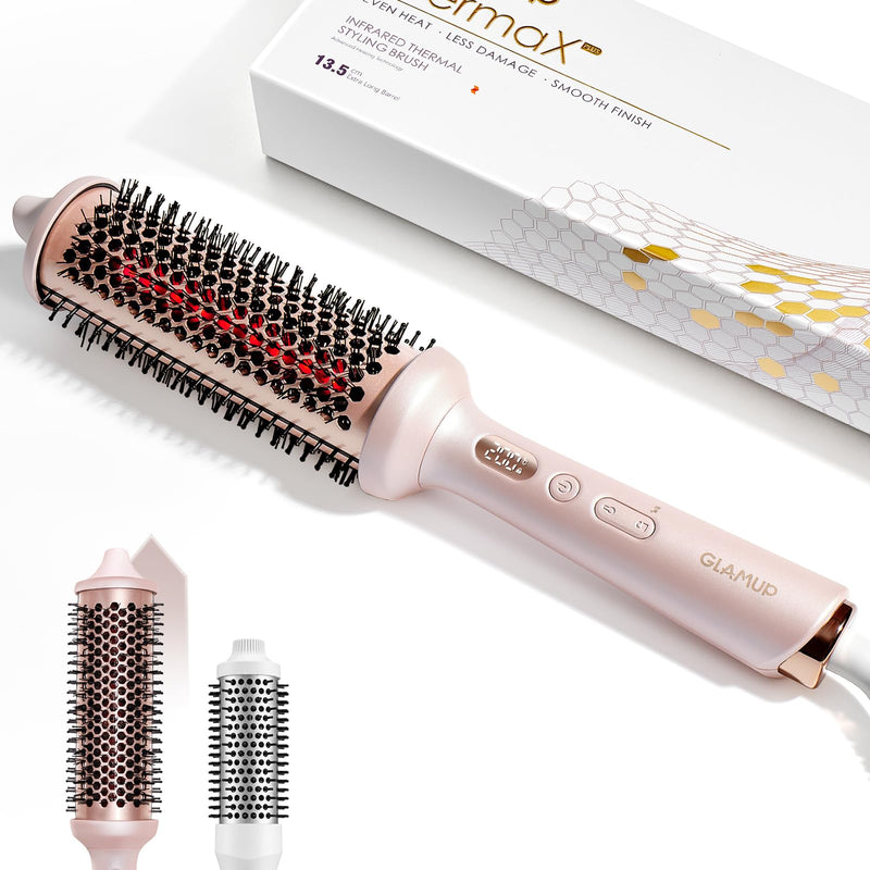 GLAMUP® Beauty Infrared Thermal Brush 45mm, Fine Damaged Hair Blowout Look | Healthier Heat for High-Gloss Shine, Extended Barrel Volumizer, Anti-Frizz Soft Waves & Face-Framing Flicks, Dual Voltage Whisper Pink