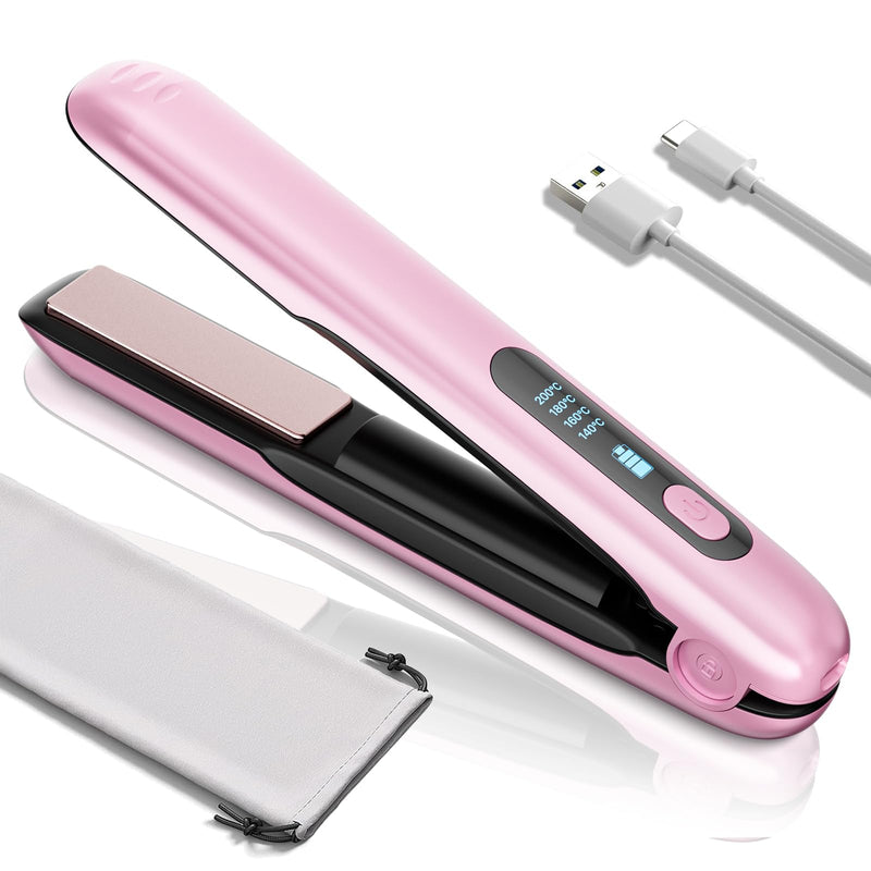 2 in 1 Cordless Hair Straightener & Curler, Wireless Mini Flat Iron for Women, USB Rechargeable Travel Hair Straighteners with 5000mAh Battery, Ceramic Coating for On-the-Go Styling Pink