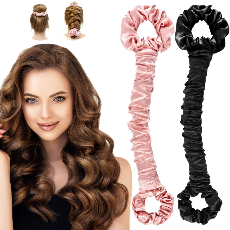 2 Pack 3-in-1 Satin Heatless Hair Curler Scrunchie with Extended Ruching | Heatless Curls Overnight, No Heat Hair Styling Rod with Built-in Hair Tie, Soft Sleep-In Curler for Long Hair, Pink+ Black