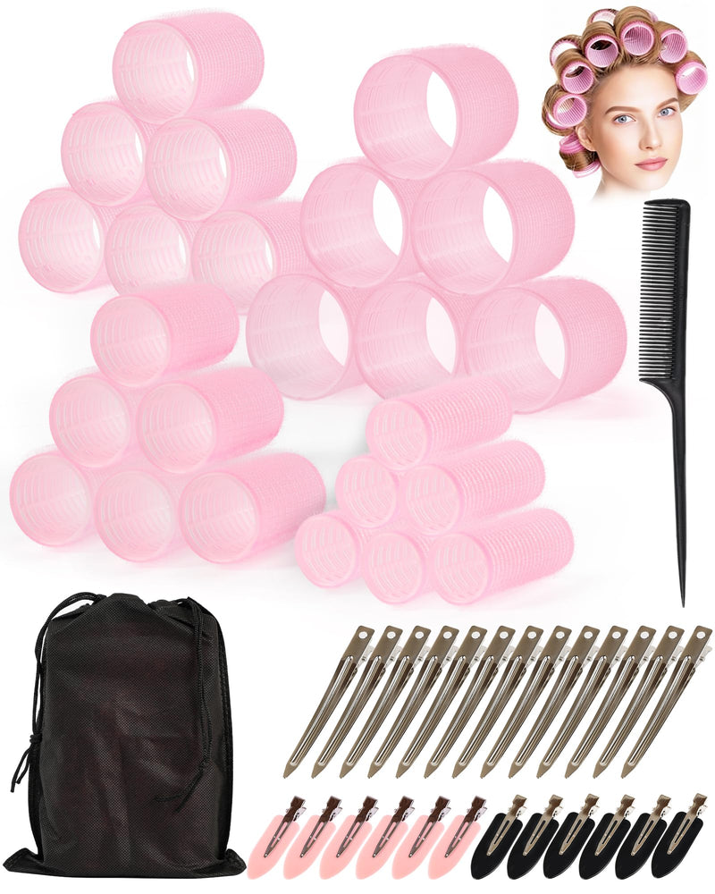 50PCS Hair Rollers Set with 24 Clips, 4 Sizes Hair Curlers - Pink | 60/48/36/25mm, Fine Hair Lift, DIY Styling, Hair Volume, Long, Medium, Short