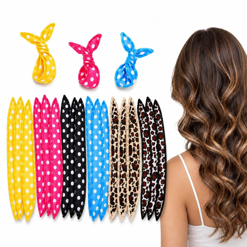  [AUSTRALIA] - 18 Pcs No Heat Hair Curlers, Soft Satin Pillow Rollers For Women, DIY Set | Sponge Rollers For Overnight Styling; Six Polka Dot And Leopard Designs; For Long And Short Hair; Natural-Looking Waves