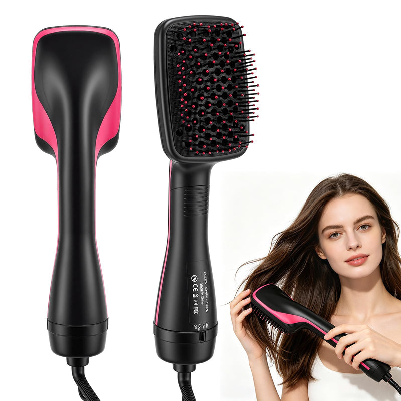3 in 1 Hair Dryer Brush,Hot Air Styling Brush with Negative Ion,Hairdryer Straightener Brush with 3 Heat/2 Speed Settings,Scalp Massage Function for Frizz-Free Salon (Black + red) Black + Red