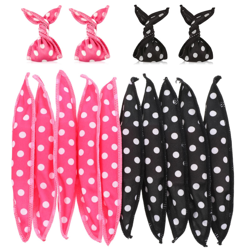 10pcs Heatless Curlers Short Hair No Heat Hair Curlers Overnight Soft Sponge Pillow Curlers Rollers for Hair Styling Retro Polka Dots Design (Black, Rose Red)