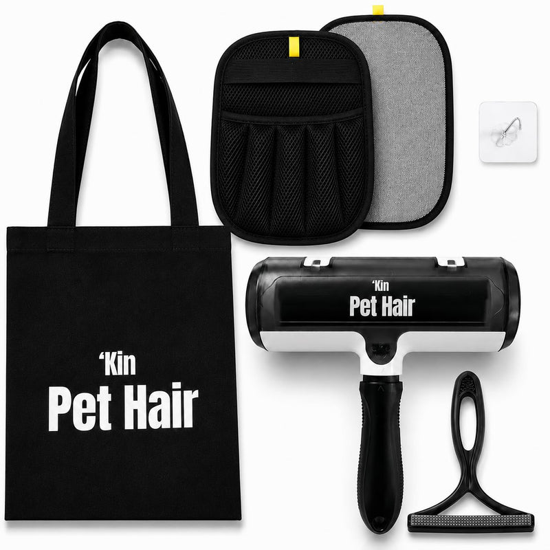 'Kin Pet Hair – Ultimate Pet Hair Removal Kit | Reusable Pet Hair Roller, Hair Removal Glove & Scraper for Dog & Cat Hair from Sofas, Carpets, Furniture & Car Interiors | Complete reusable pet hair remover kit with roller, glove, scraper and cotton sto...