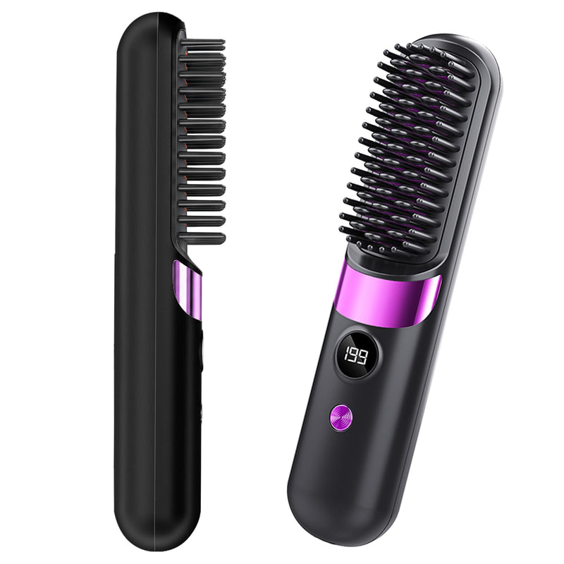 Go Brush Pro UK Cordless Hair Straightener Brush, Black | Rechargeable Ceramic Styling / 4 Heat Modes / LED Display / Portable for Travel & Daily Touch-Ups