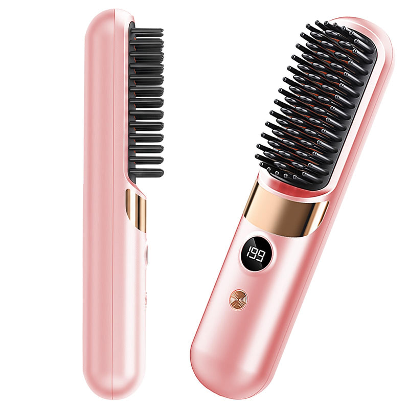  [AUSTRALIA] - Go Brush Pro UK Cordless Hair Straightener Brush, Pink | Rechargeable Ceramic Styling / 4 Heat Modes / LED Display / Portable for Travel & Daily Touch-Ups