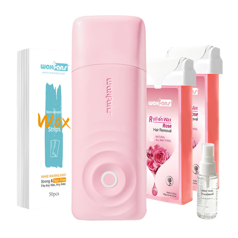 Waxfans Wax Roller Kit, Waxing Kit for Hair Removal, Cera Para Depilar at Home Waxing Kit for Body and Legs Hair Removal, with 2 Wax Refills (Honey) & 50 Wax Strips, Easy & Smooth (Rose) Rose
