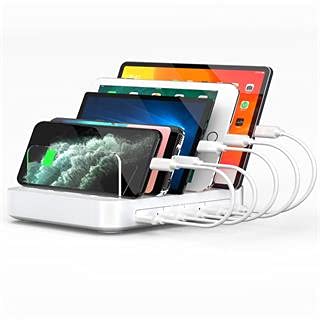  [AUSTRALIA] - Charging Station for Multiple Devices, 5 in 1 Multi USB Charger Station with iWatch & Airpod Stand and 8 Mixed Short Cables, 50W Charging Dock Compatible with iPhone, iPad, Cell Phone, Tablets, White