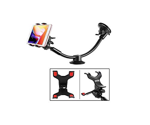  [AUSTRALIA] - IPOW Upgraded Truck Phone Mount Holder Universal 11 Inches Long Arm Windshield Dashboard Car Mount Cradle with Adjustable X Clamp&Ultra Dashboard Base for Smartphones